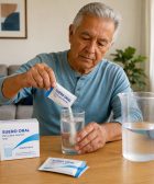 Hombre preparando una solución de rehidratación oral en casa