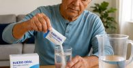 Hombre preparando una solución de rehidratación oral en casa