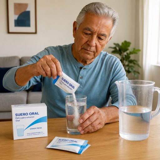 Hombre preparando una solución de rehidratación oral en casa