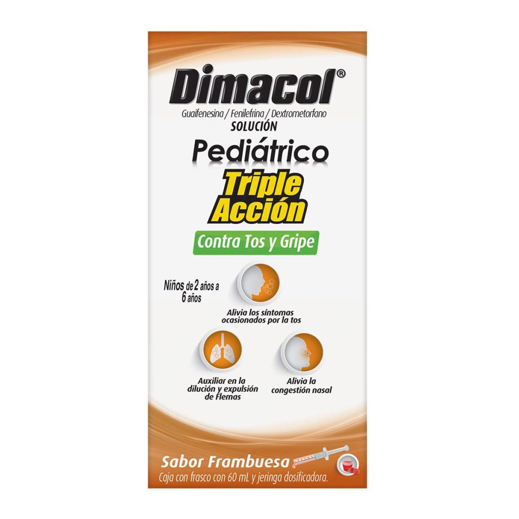 Dimacol Pediátrico Triple Acción para tos y gripe, solución de 60 ml, sabor frambuesa, indicada para niños de 2 a 6 años. Alivia tos, facilita la expulsión de flemas y descongestiona las vías nasales