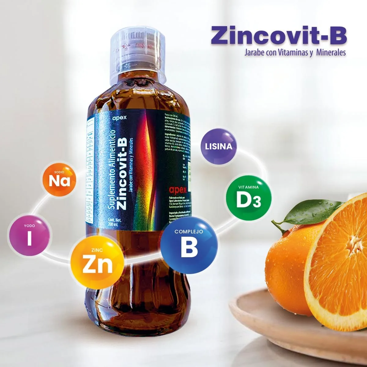 Frasco de Zincovit-B jarabe con vitaminas y minerales como zinc, lisina, vitamina D3, complejo B, ideal para fortalecer defensas, apetito y recuperación en México.