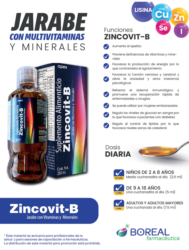 Zincovit-B jarabe multivitamínico con zinc, lisina, complejo B y minerales, ayuda a fortalecer defensas, aumentar el apetito y apoyar la recuperación en México