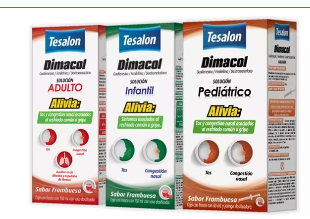 Dimacol adulto, infantil y pediátrico en frascos de 150 ml, soluciones para aliviar tos y congestión nasal, con sabor a frambuesa, de la marca Tesalon. Disponibles para diferentes edades y formulaciones específicas.