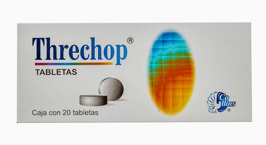 Caja de tabletas Threchop de Collins, medicamento antidiarreico y antibacteriano para tratar infecciones intestinales.