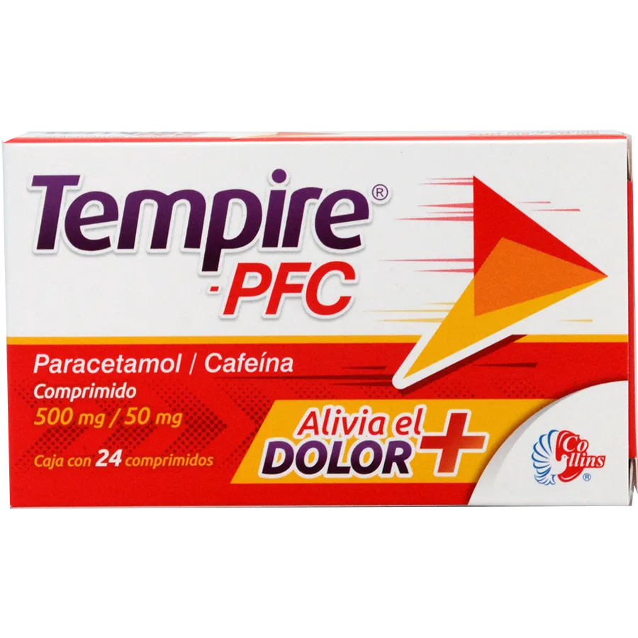 Caja de Tempire PFC 500 mg/50 mg con paracetamol y cafeína para aliviar el dolor y la fiebre