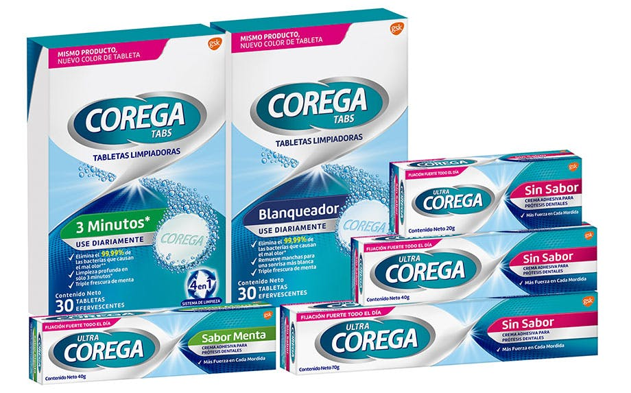Productos Corega disponibles en México: tabletas limpiadoras y cremas adhesivas para prótesis dentales, ideales para fijación y limpieza, disponibles en Prixz
