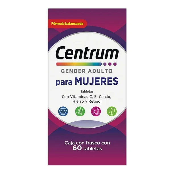 Caja de Centrum Gender +50 Mujer frasco con 60 tabletas, suplemento multivitamínico con vitaminas C, E, calcio, hierro y retinol para mujeres adultas
