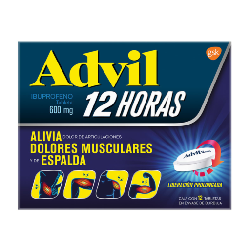 Caja de Advil 12 Horas con ibuprofeno 600 mg, presentación de 12 tabletas de liberación prolongada para aliviar dolores musculares, articulares y de espalda.
