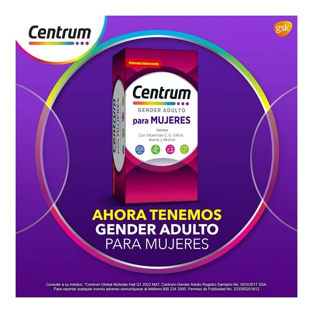 Caja de Centrum Gender Adulto para Mujeres con 60 tabletas, suplemento multivitamínico con vitaminas C, E, calcio, hierro y retinol.