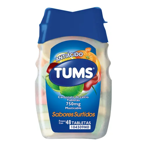 Frasco de Tums Antiácido Sabores Surtidos con 48 tabletas masticables, a base de carbonato de calcio para aliviar acidez e indigestión ocasional.
