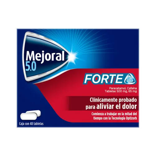 Imagen de la caja de Mejoral Forte 5.0 500/65 mg con 48 tabletas, medicamento analgésico y antipirético para dolor y fiebre.