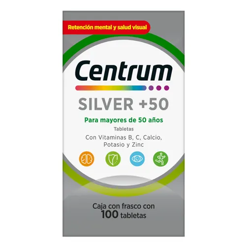 Imagen de Centrum Silver con 100 tabletas, multivitamínico para adultos mayores de 50 años que apoya memoria, energía, visión y sistema inmune